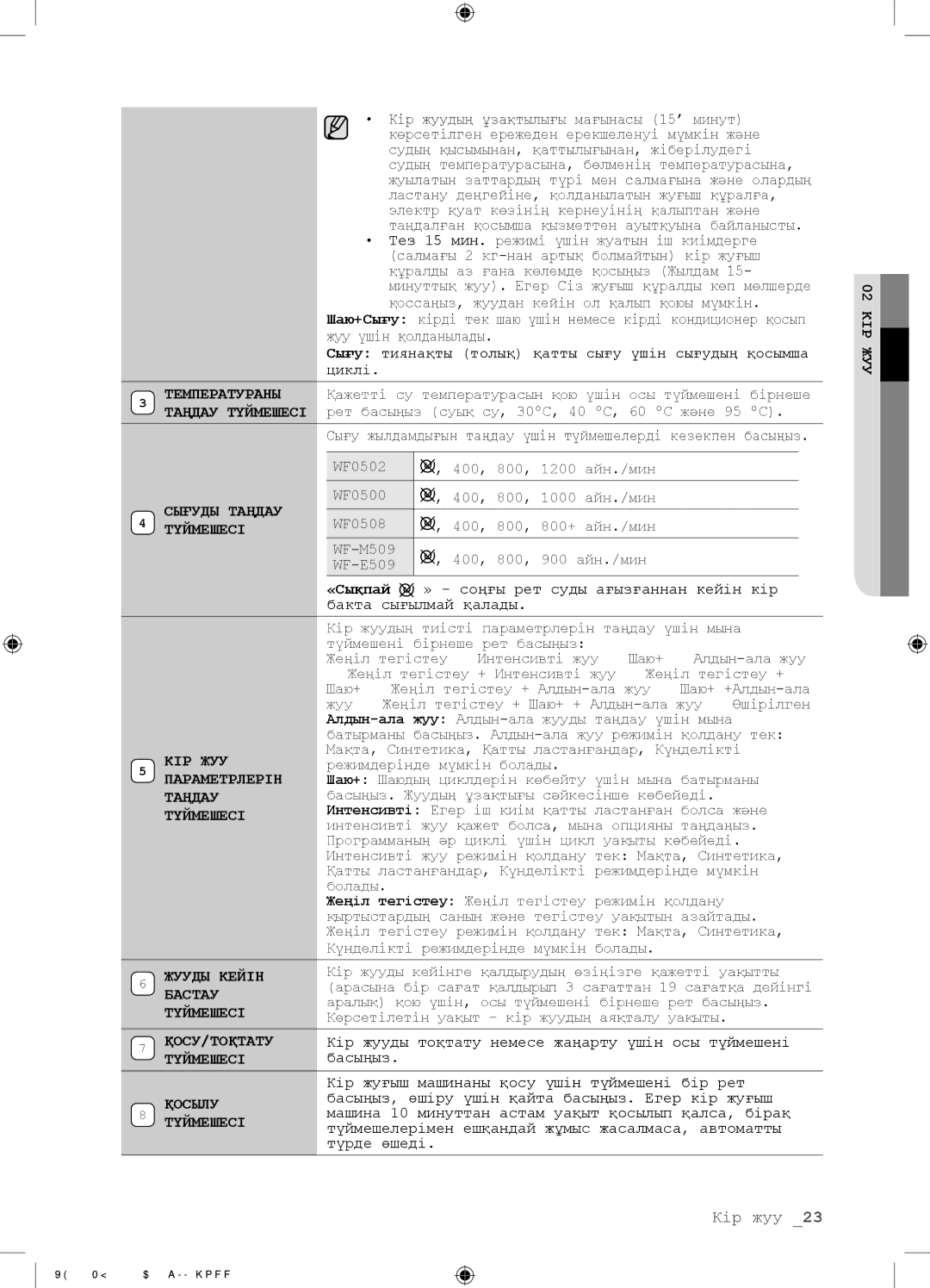 Samsung WF-E509NZW/YLP, WF-M509NZW/YLP, WF0500NZW/YLP manual Түймешесі, «Сықпай 