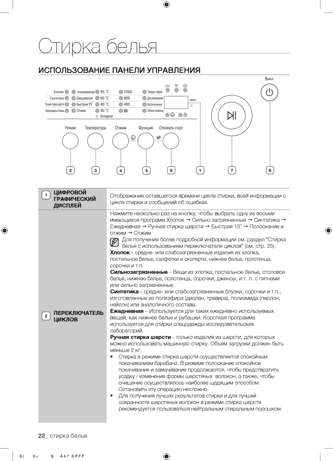 Samsung WF-E509NZW/YLP, WF-M509NZW/YLP, WF0500NZW/YLP manual Использование Панели Управления, 22 стирка белья 