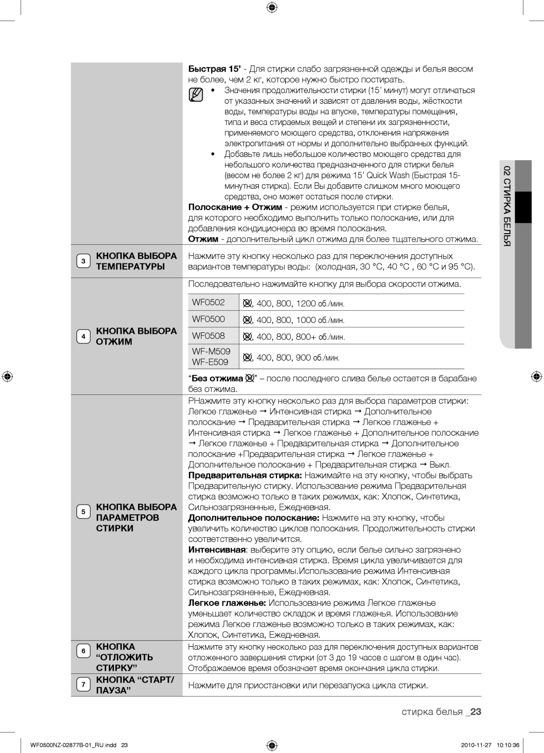 Samsung WF0500NZW/YLP, WF-M509NZW/YLP, WF-E509NZW/YLP manual Кнопка Выбора 