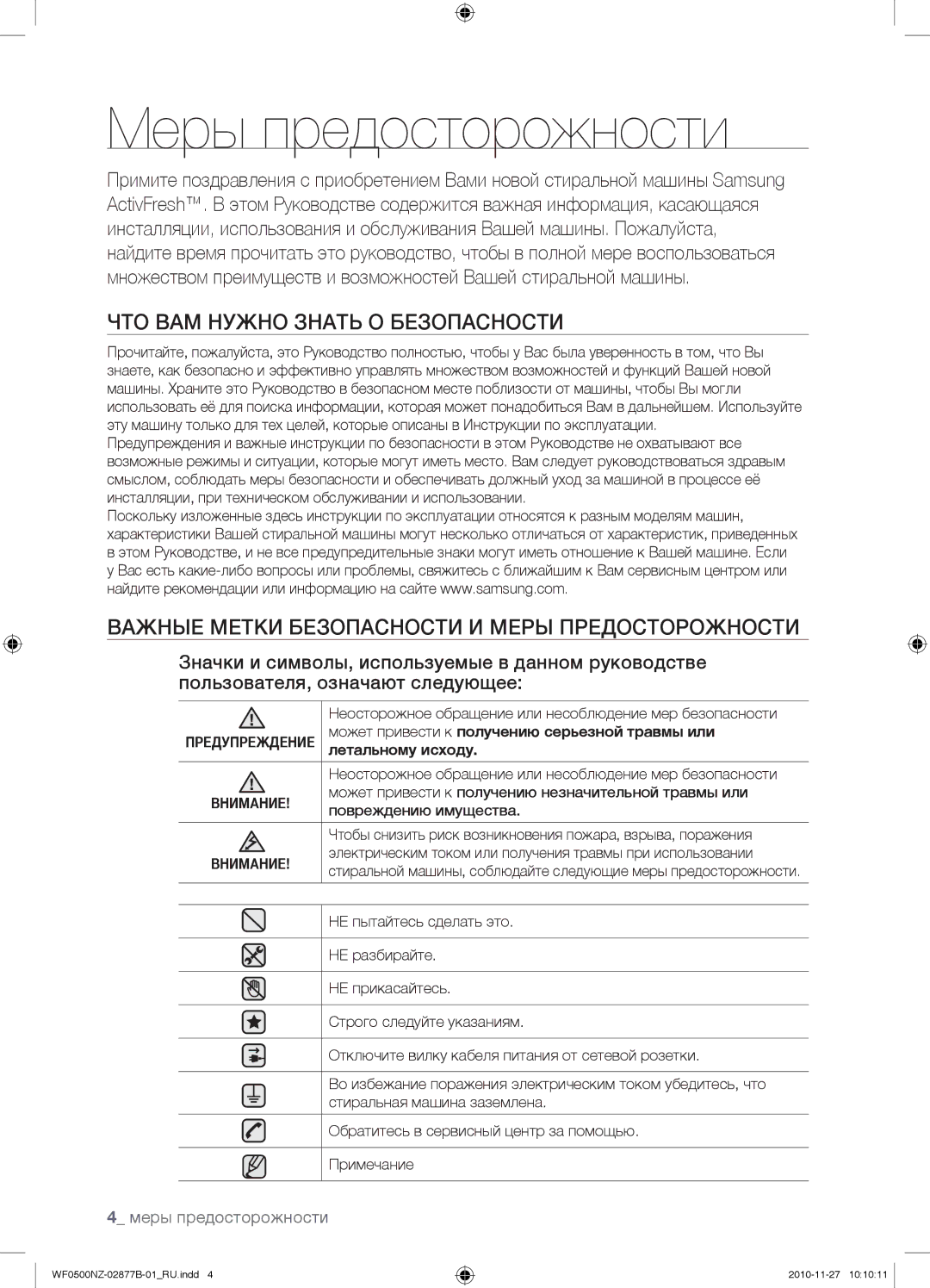 Samsung WF-E509NZW/YLP, WF-M509NZW/YLP, WF0500NZW/YLP manual Меры предосторожности, ЧТО ВАМ Нужно Знать О Безопасности 