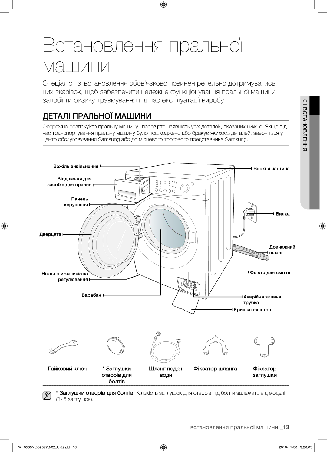 Samsung WF0500NZW/YLP, WF-M509NZW/YLP, WF-E509NZW/YLP Встановлення пральної машини, Деталі Пральної Машини, 01 Встановлення 