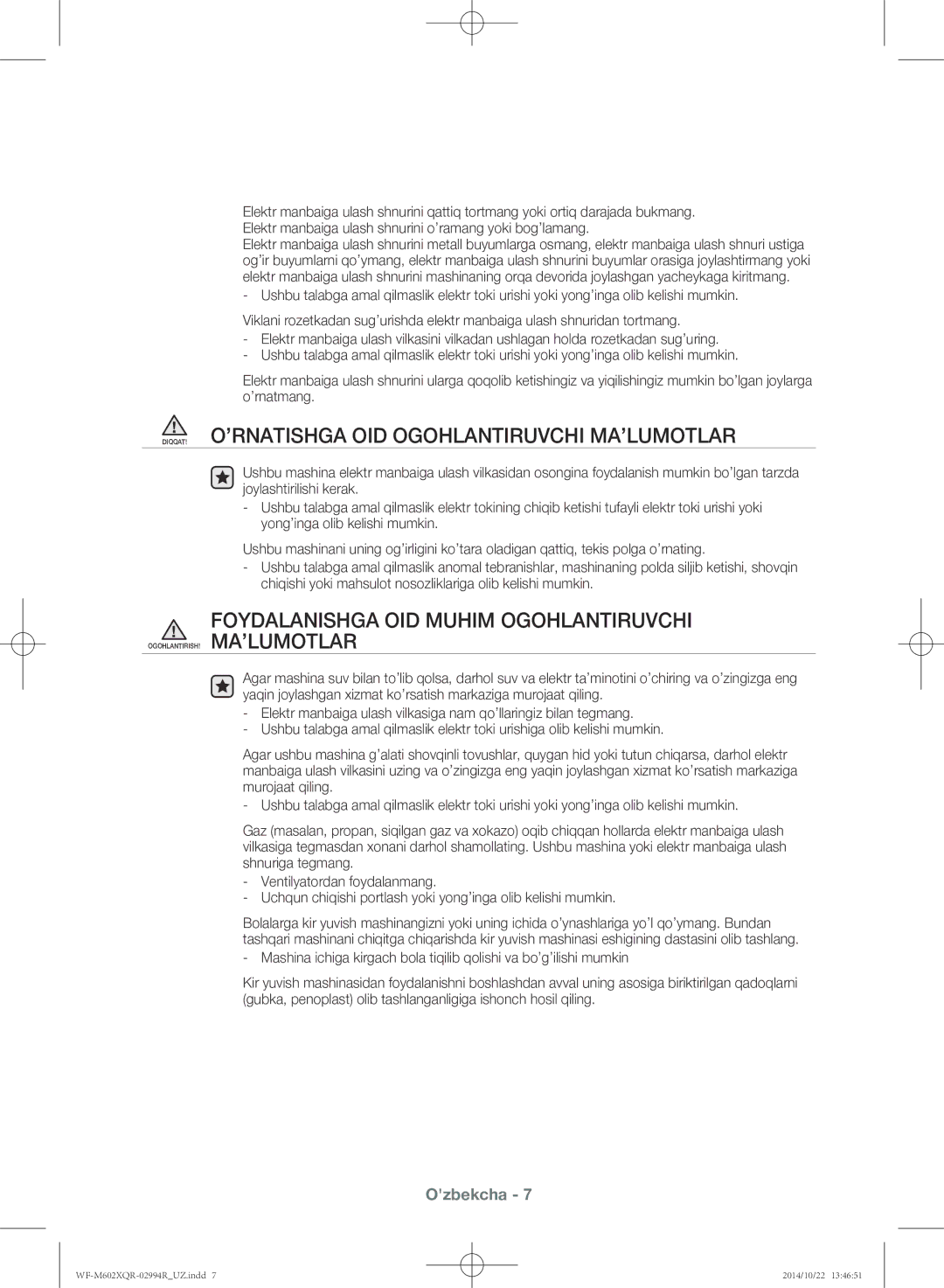 Samsung WF-M602XQR/YLP manual DIQQAT! O’RNATISHGA OID Ogohlantiruvchi MA’LUMOTLAR 