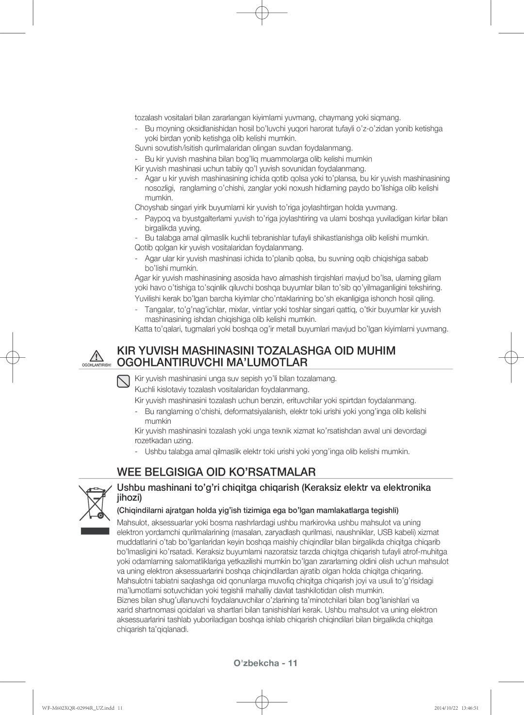 Samsung WF-M602XQR/YLP manual WEE Belgisiga OID KO’RSATMALAR 