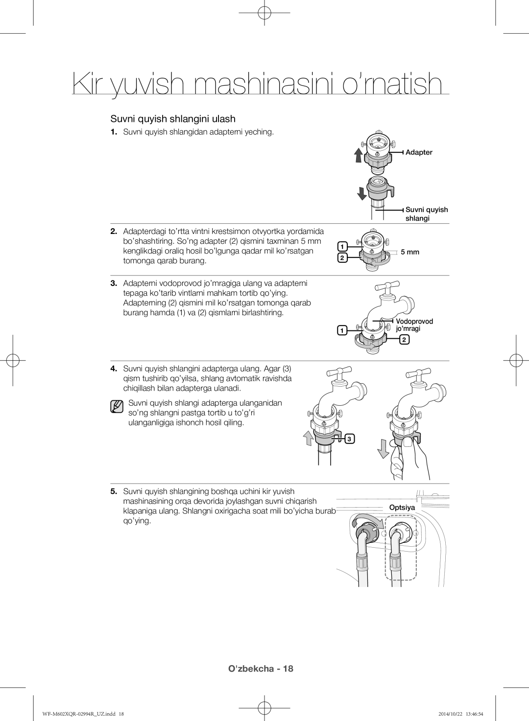 Samsung WF-M602XQR/YLP manual Suvni quyish shlangidan adapterni yeching, Qo’ying 