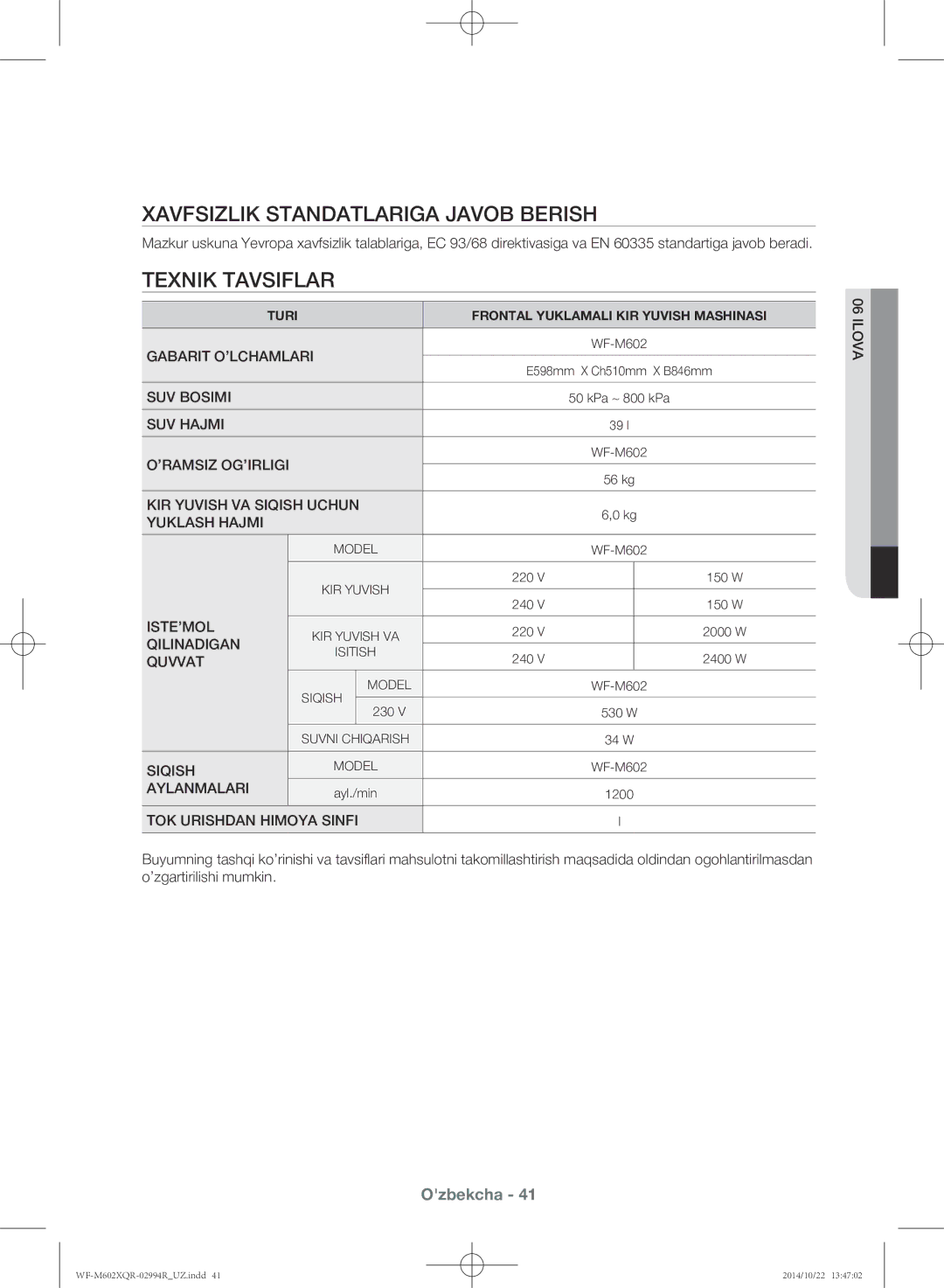 Samsung WF-M602XQR/YLP manual Xavfsizlik standatlariga javob berish, Texnik tavsiflar 