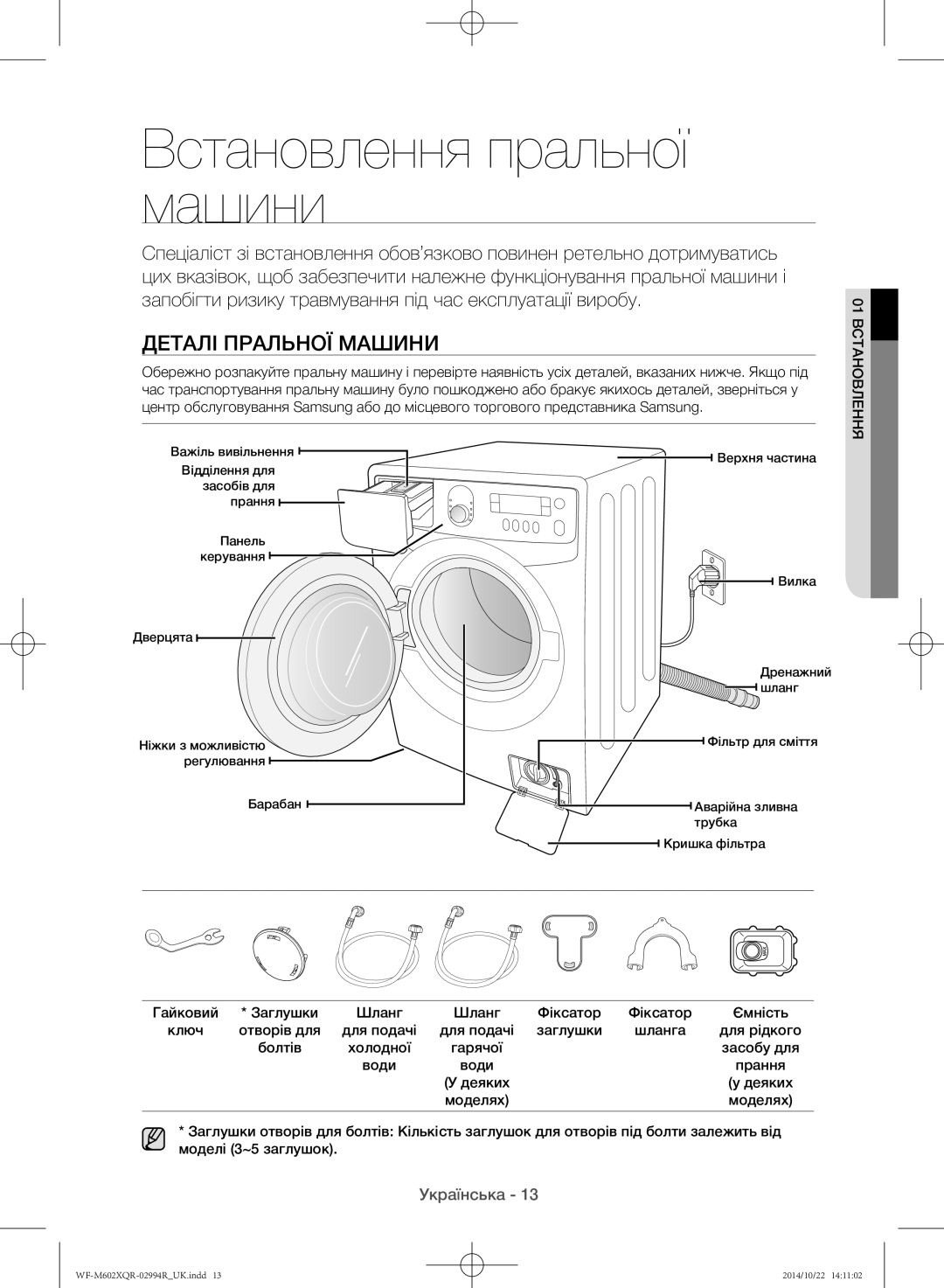 Samsung WF-M602XQR/YLP manual Встановлення пральної машини, Деталі пральної машини, Гайковий Заглушки Шланг Фіксатор 