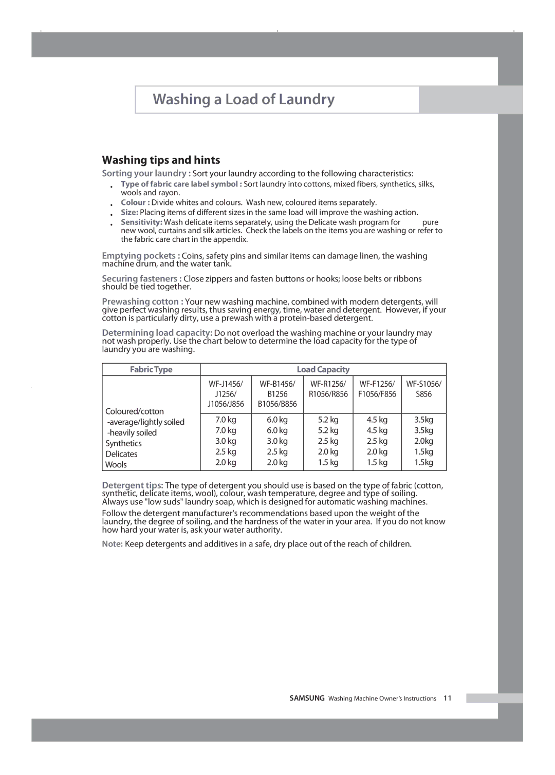 Samsung WF-R1256/XEH manual Washing tips and hints 