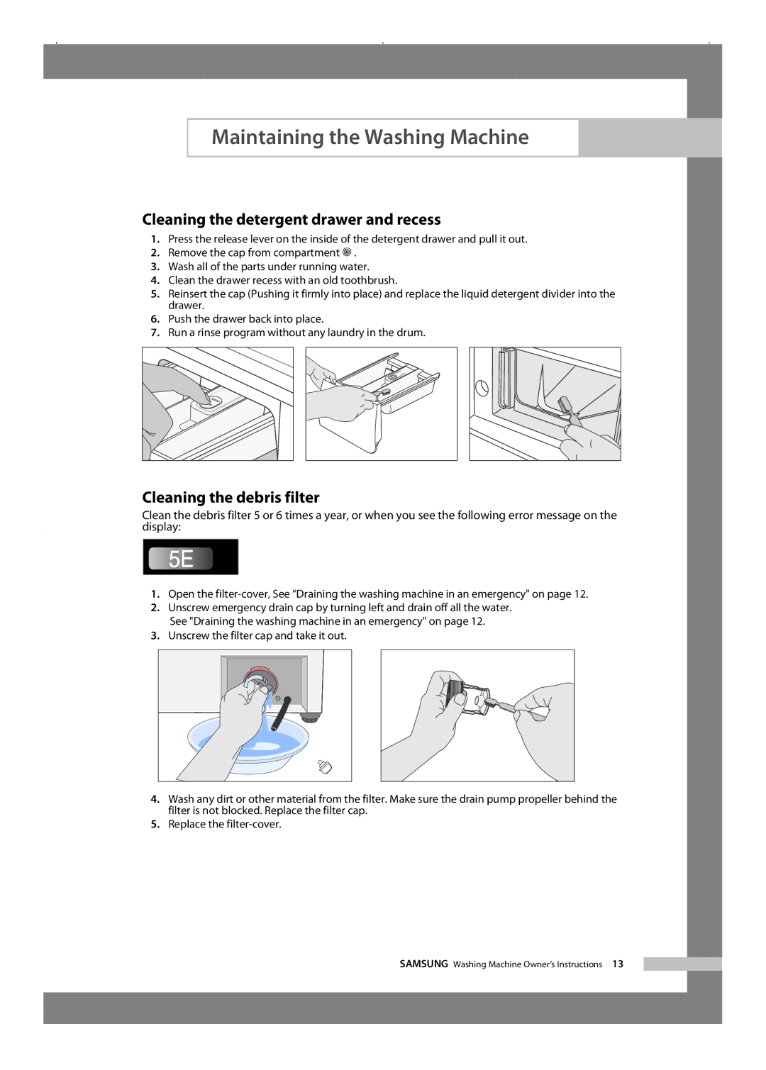 Samsung WF-R1256/XEH manual Cleaning the detergent drawer and recess, Cleaning the debris filter 