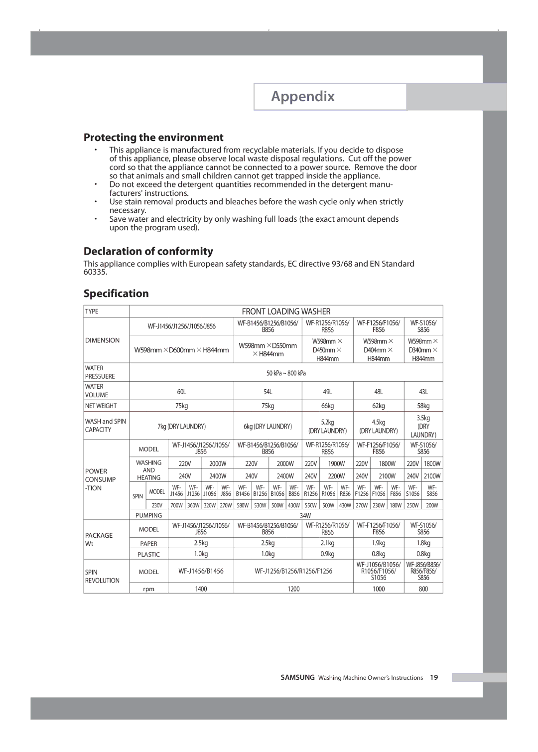 Samsung WF-R1256/XEH manual Protecting the environment, Declaration of conformity, Specification 