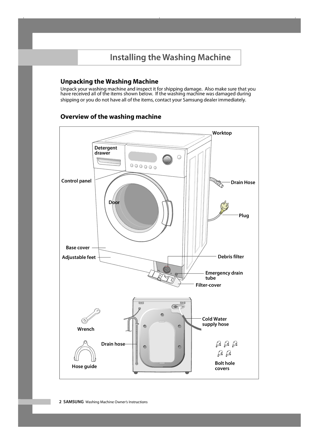 Samsung WF-R1256/XEH manual Installing the Washing Machine, Unpacking the Washing Machine, Overview of the washing machine 