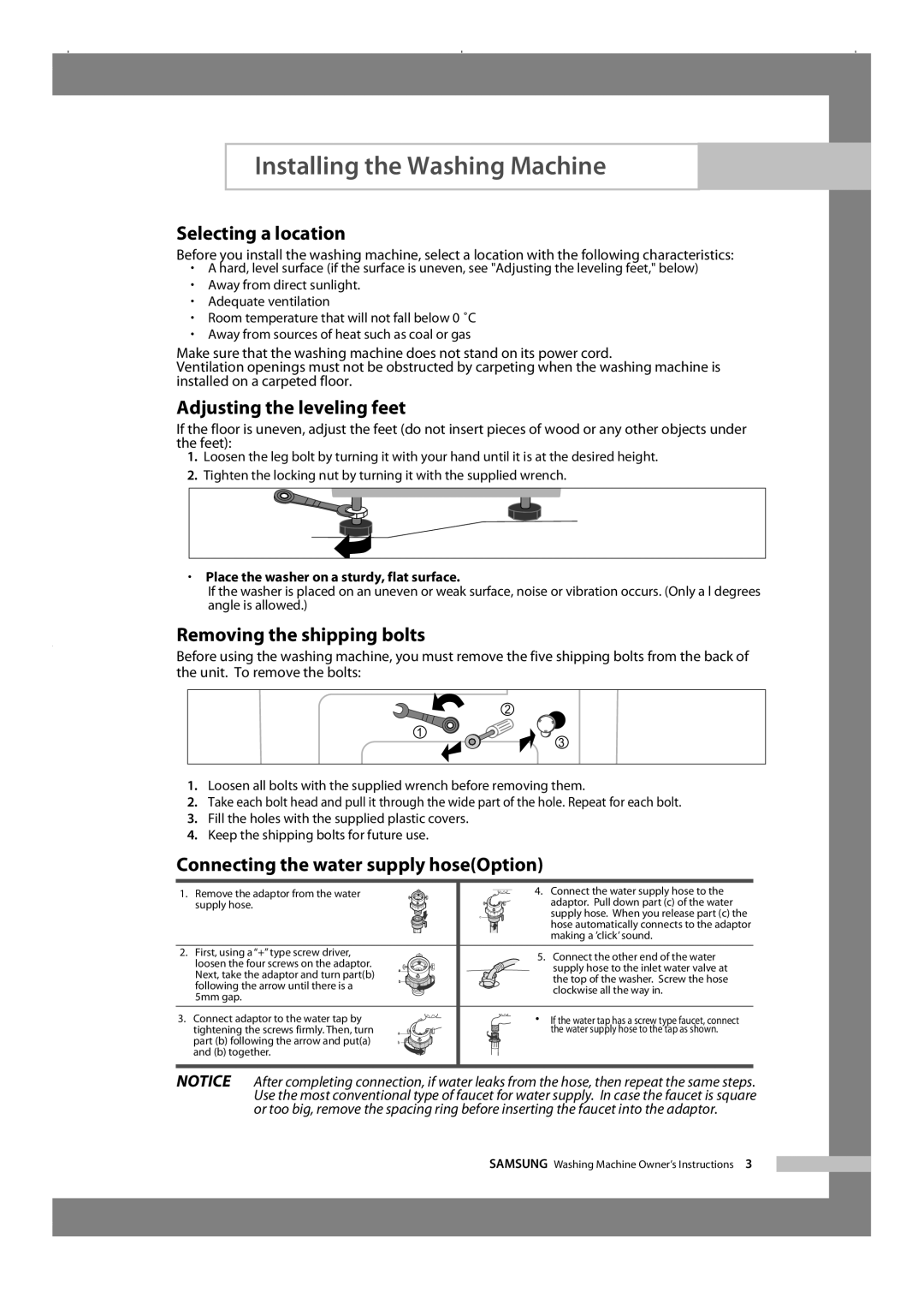 Samsung WF-R1256/XEH manual Selecting a location, Adjusting the leveling feet, Removing the shipping bolts 