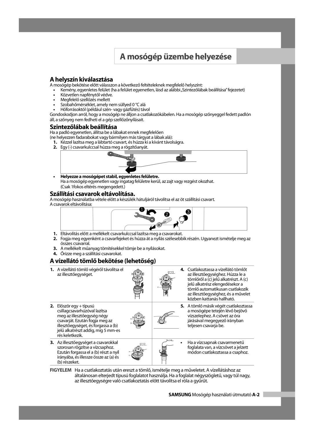 Samsung WF-R1256/XEH manual Mosógép üzembe helyezése, Helyszín kiválasztása, Szintezőlábak beállítása 