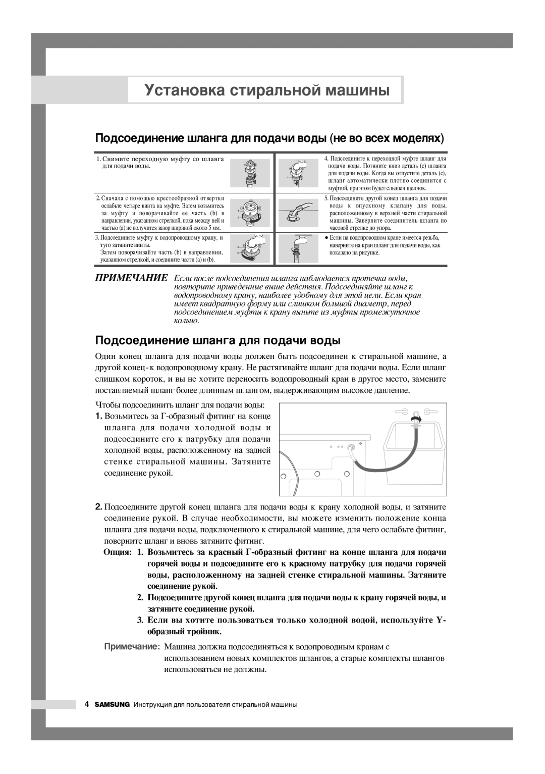 Samsung WF-R125AC/YLP, WF-R125AC/YLR manual ÈÓ‰ÒÓÂ‰ËÌÂÌËÂ ¯Î‡Ì„‡ ‰Îﬂ ÔÓ‰‡˜Ë ‚Ó‰˚ ÌÂ ‚Ó ‚ÒÂı ÏÓ‰ÂÎﬂı, Òóâ‰Ëìâìëâ Ûíóè 