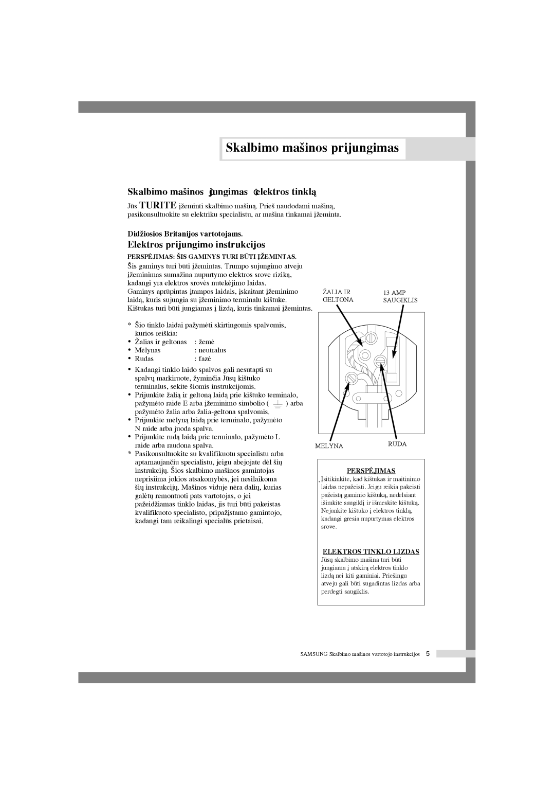 Samsung WF-J105AV/YLR manual Skalbimo ma‰inos ∞jungimas ∞ elektros tinklà, Elektros prijungimo instrukcijos, Rudas Fazò 