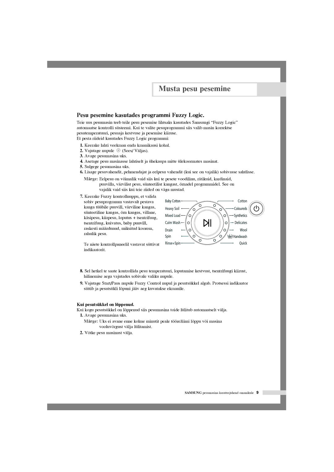 Samsung WF-R105NV/YLR, WF-R125NC/YLR Pesu pesemine kasutades programmi Fuzzy Logic, Keerake Fuzzy kontrollnuppu, et valida 