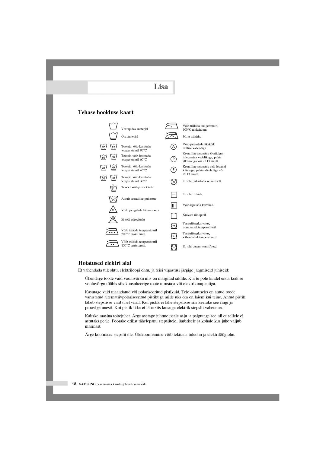 Samsung WF-R125NC/YLR, WF-R105NV/YLR manual Lisa, Tehase hoolduse kaart, Hoiatused elektri alal 