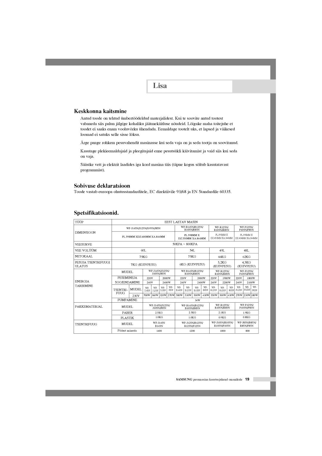 Samsung WF-R105NV/YLR, WF-R125NC/YLR manual Keskkonna kaitsmine, Sobivuse deklaratsioon, Spetsifikatsioonid 