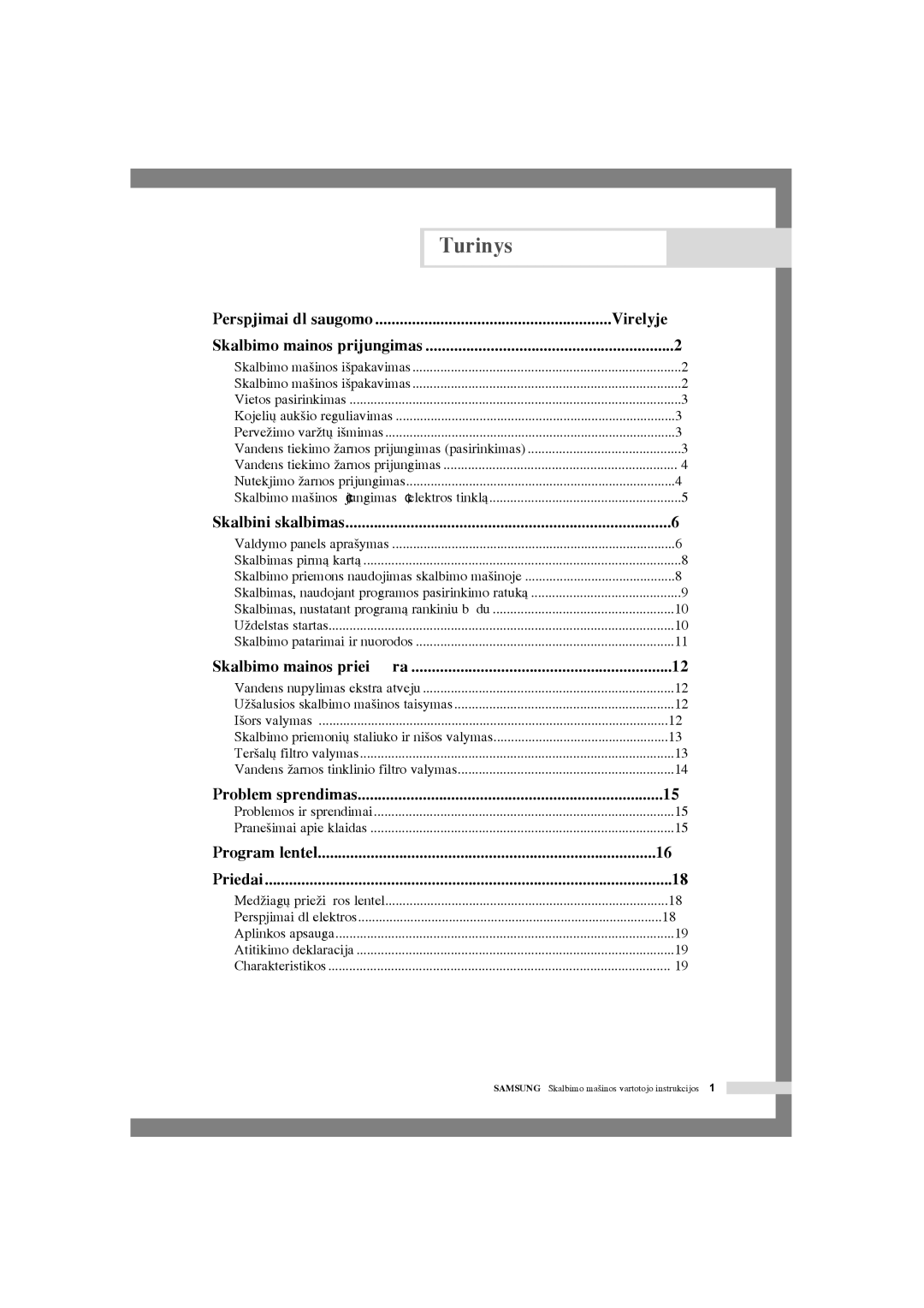 Samsung WF-R105NV/YLR, WF-R125NC/YLR manual Turinys, Skalbimo ma‰inos prieÏira 