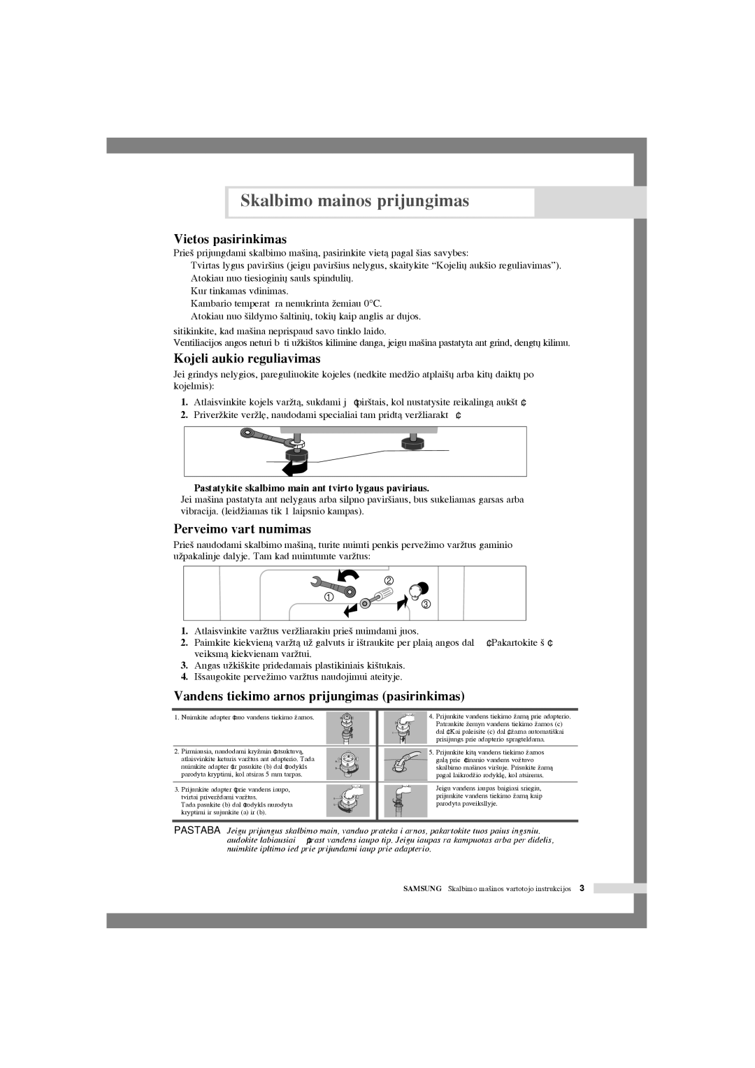 Samsung WF-R105NV/YLR, WF-R125NC/YLR manual Vietos pasirinkimas, Kojeli˜ auk‰ãio reguliavimas, PerveÏimo varÏt˜ nuòmimas 