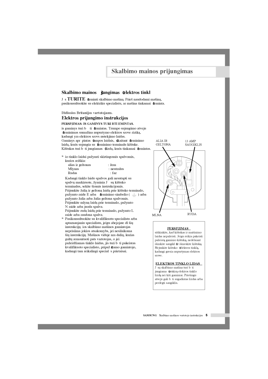 Samsung WF-R105NV/YLR manual Skalbimo ma‰inos ∞jungimas ∞ elektros tinklà, Elektros prijungimo instrukcijos, Rudas Fazò 