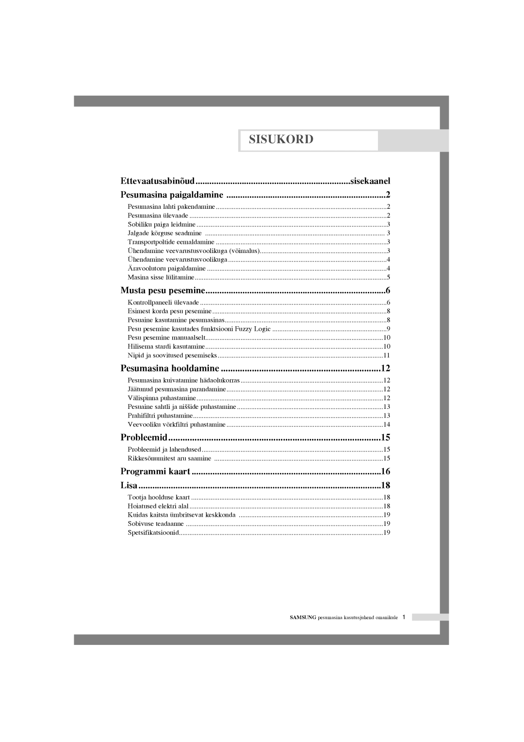 Samsung WF-R105NV/YLR, WF-R125NC/YLR manual Sisukord, Sisekaanel 