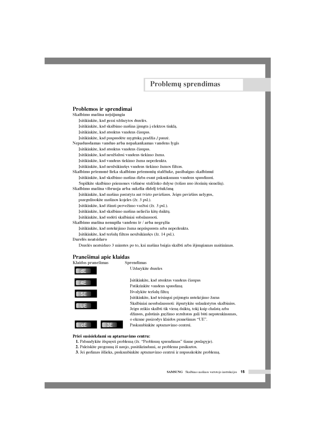 Samsung WF-R105NV/YLR, WF-R125NC/YLR manual Problem˜ sprendimas, Problemos ir sprendimai, Prane‰imai apie klaidas 