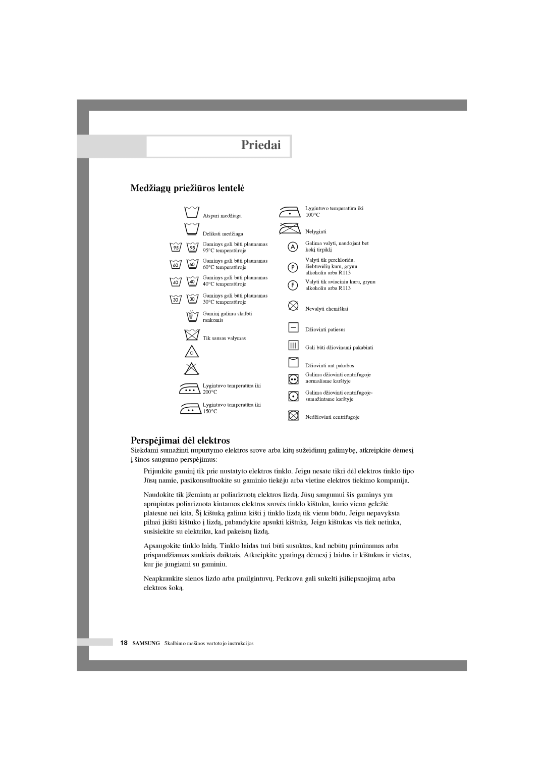 Samsung WF-R125NC/YLR, WF-R105NV/YLR manual Priedai, MedÏiag˜ prieÏiros lentelò, Perspòjimai dòl elektros 