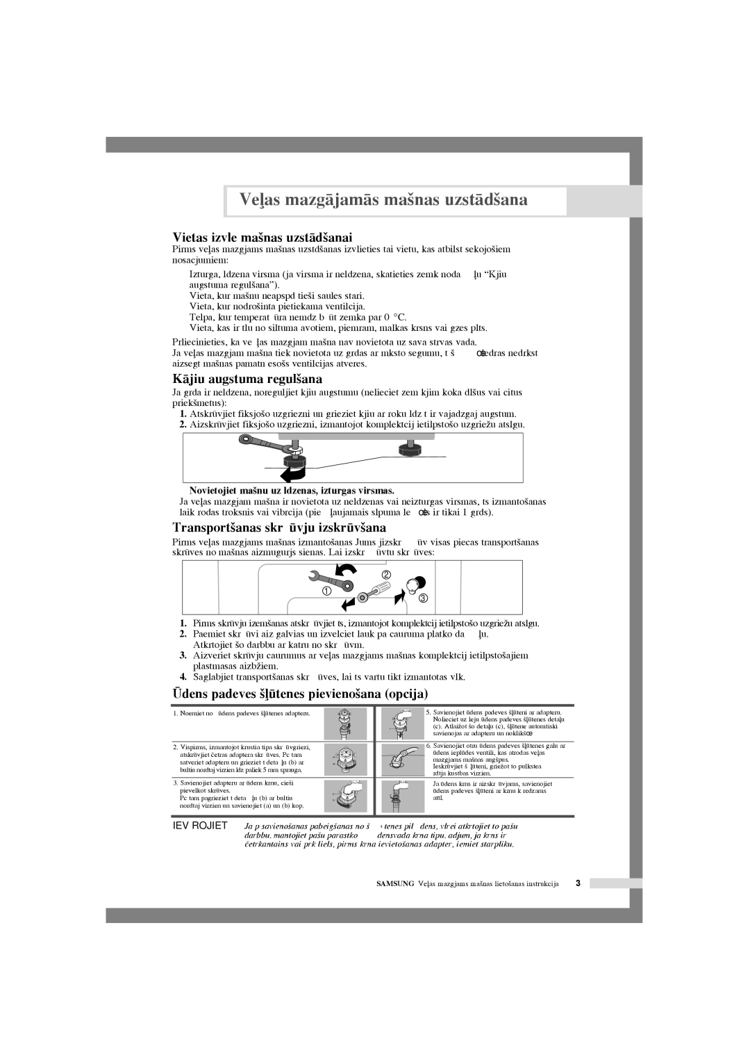 Samsung WF-R105NV/YLR Vietas izvïle ma‰¥nas uzstÇd¥‰anai, KÇji¿u augstuma regulï‰ana, Transportï‰anas skrvju izskrvï‰ana 