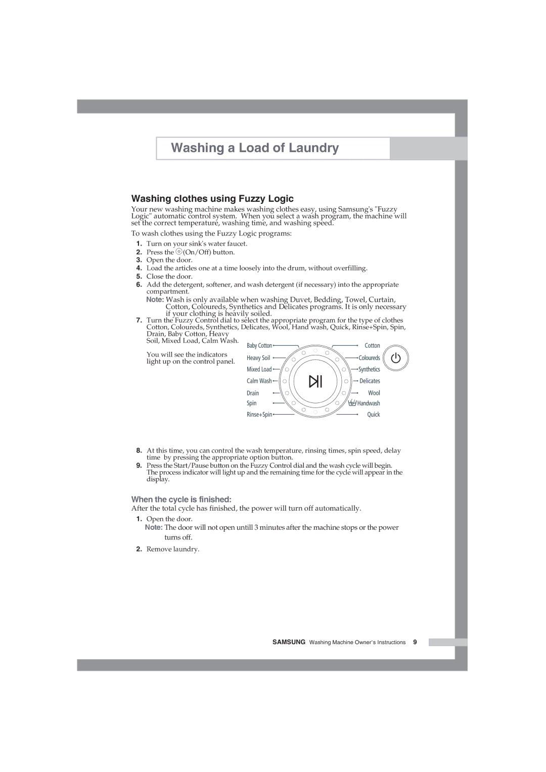 Samsung WF-R105NV/YLR, WF-R125NC/YLR manual Washing clothes using Fuzzy Logic, When the cycle is finished 