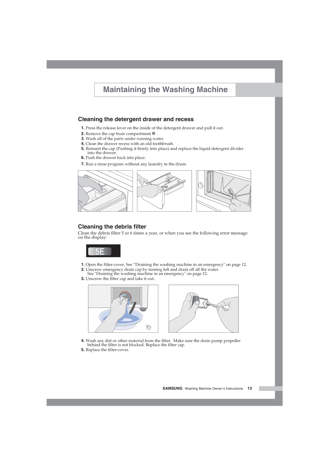 Samsung WF-R105NV/YLR, WF-R125NC/YLR manual Cleaning the detergent drawer and recess, Cleaning the debris filter 