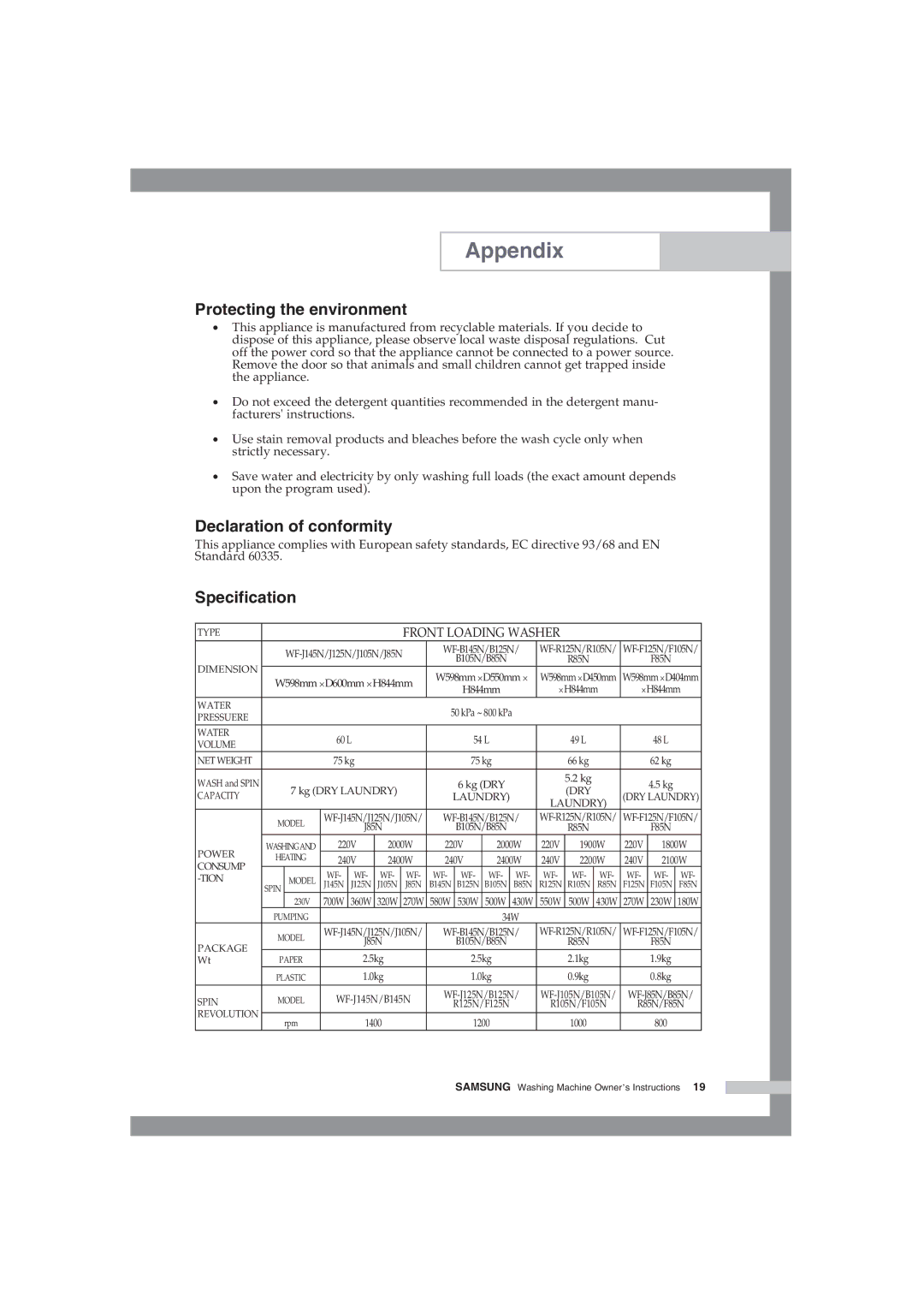 Samsung WF-R105NV/YLR, WF-R125NC/YLR manual Protecting the environment, Declaration of conformity, Specification 