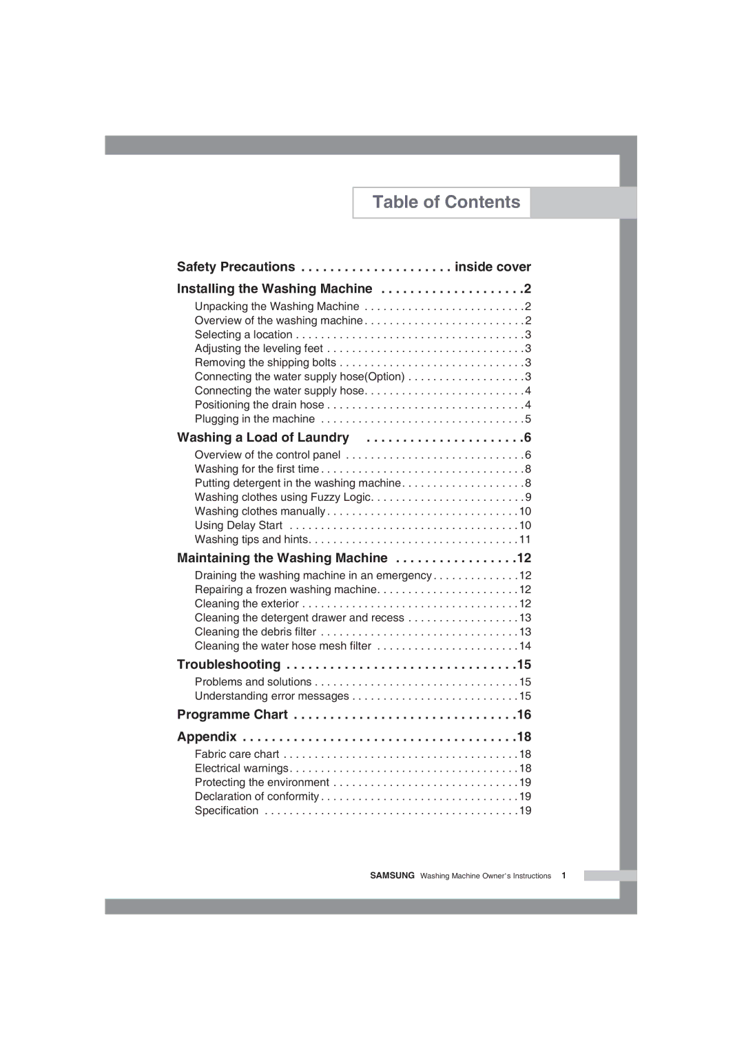 Samsung WF-R105NV/YLR, WF-R125NC/YLR manual Table of Contents 