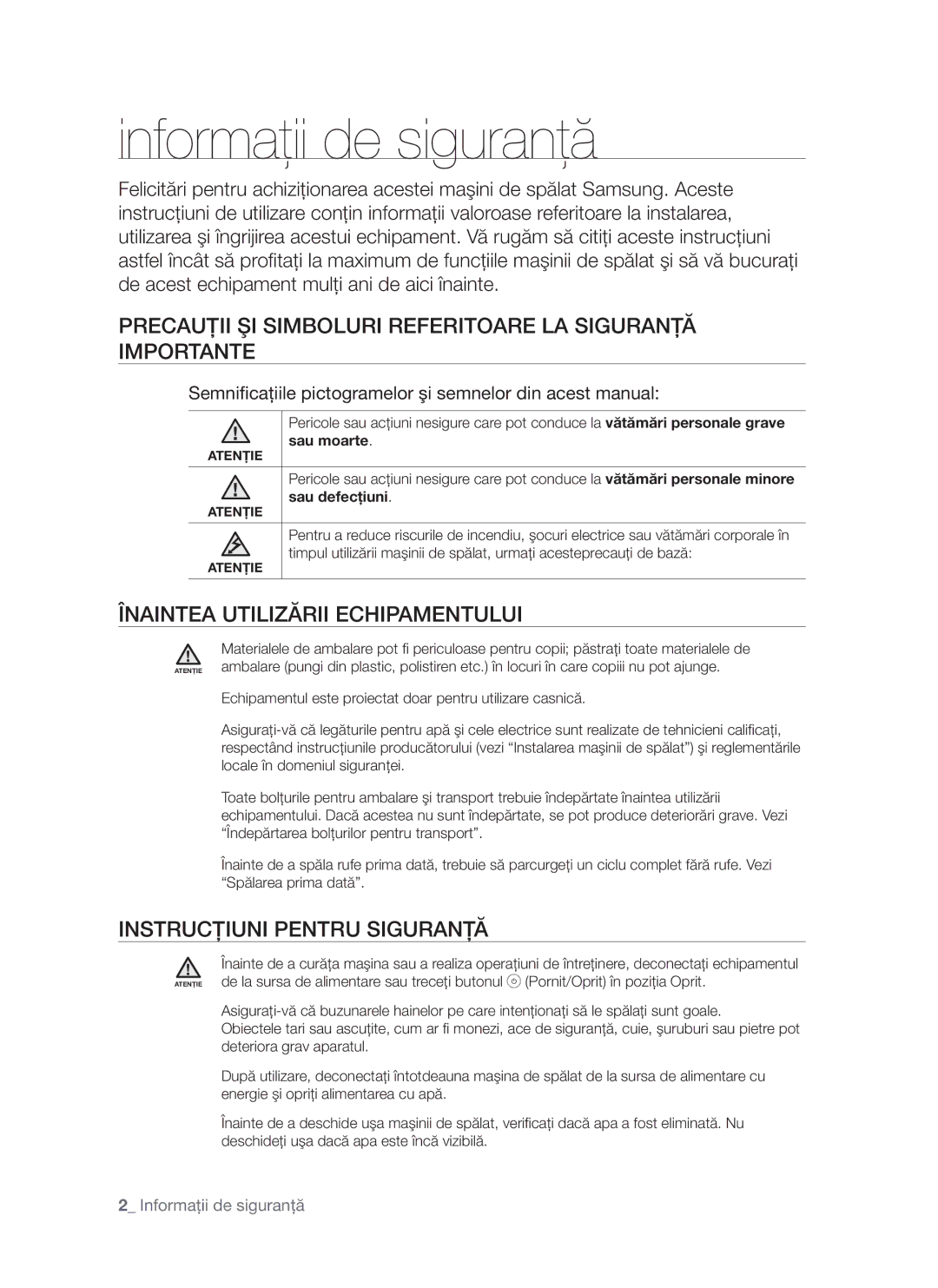 Samsung WF-S861/YLP, WF-S861GW/YLE Informaţii de siguranţă, Precauţii ŞI Simboluri Referitoare LA Siguranţă Importante 