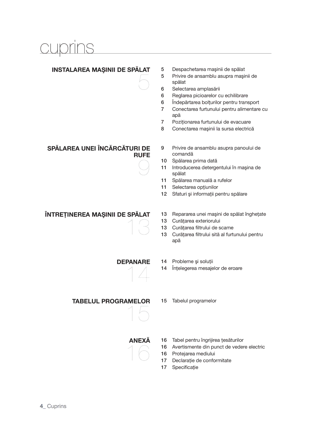 Samsung WF-S861/YLR, WF-S861/YLP, WF-S861GW/YLE manual Cuprins 