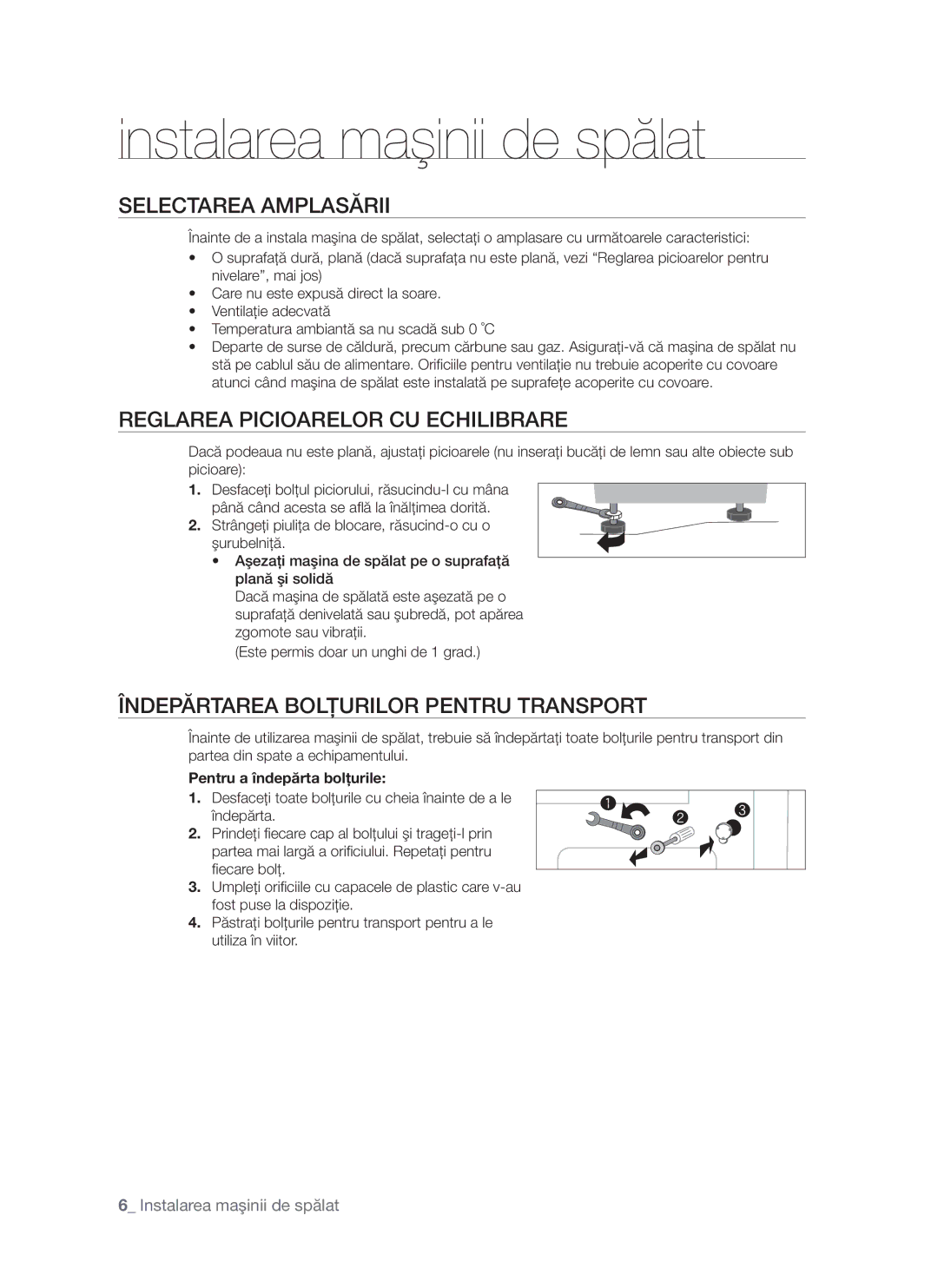 Samsung WF-S861GW/YLE Selectarea Amplasării, Reglarea Picioarelor CU Echilibrare, Îndepărtarea Bolţurilor Pentru Transport 