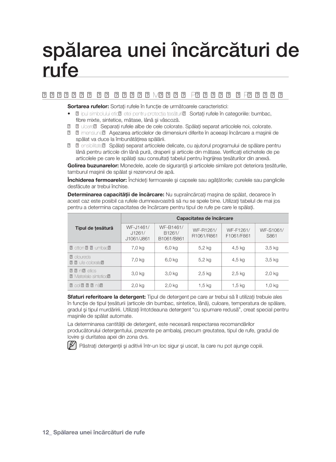 Samsung WF-S861GW/YLE, WF-S861/YLP manual Sfaturi ŞI Informaţii Pentru Spălare, Capacitatea de încărcare Tipul de ţesătură 