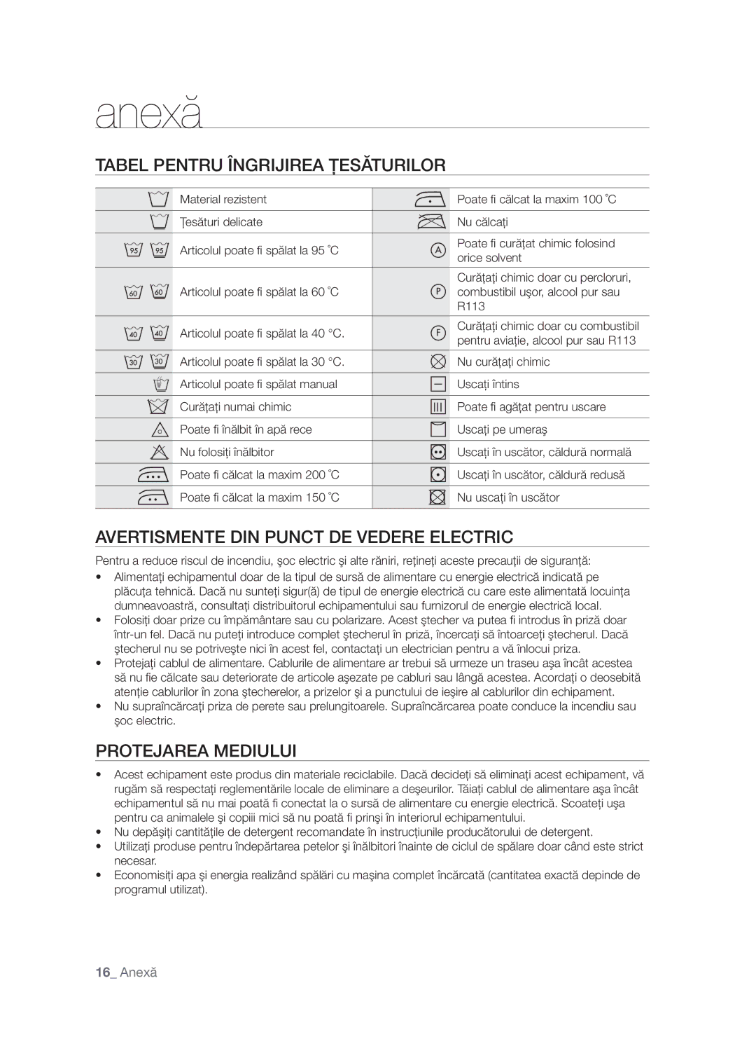 Samsung WF-S861/YLR, WF-S861/YLP Anexă, Tabel Pentru Îngrijirea Ţesăturilor, Avertismente DIN Punct DE Vedere Electric 