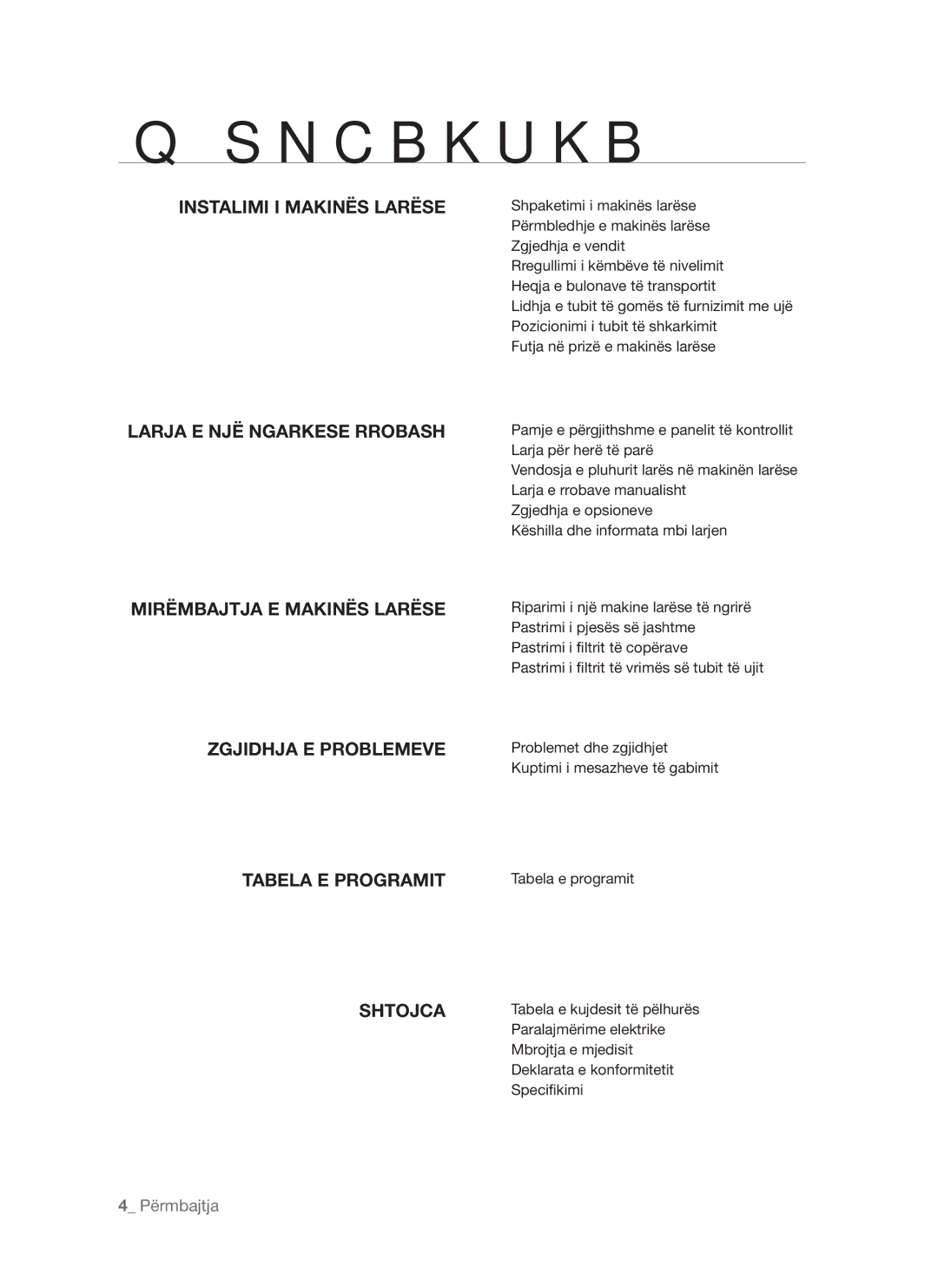 Samsung WF-S861GW/YLE, WF-S861/YLP, WF-S861/YLR manual Përmbajtja, Instalimi I Makinës Larëse 