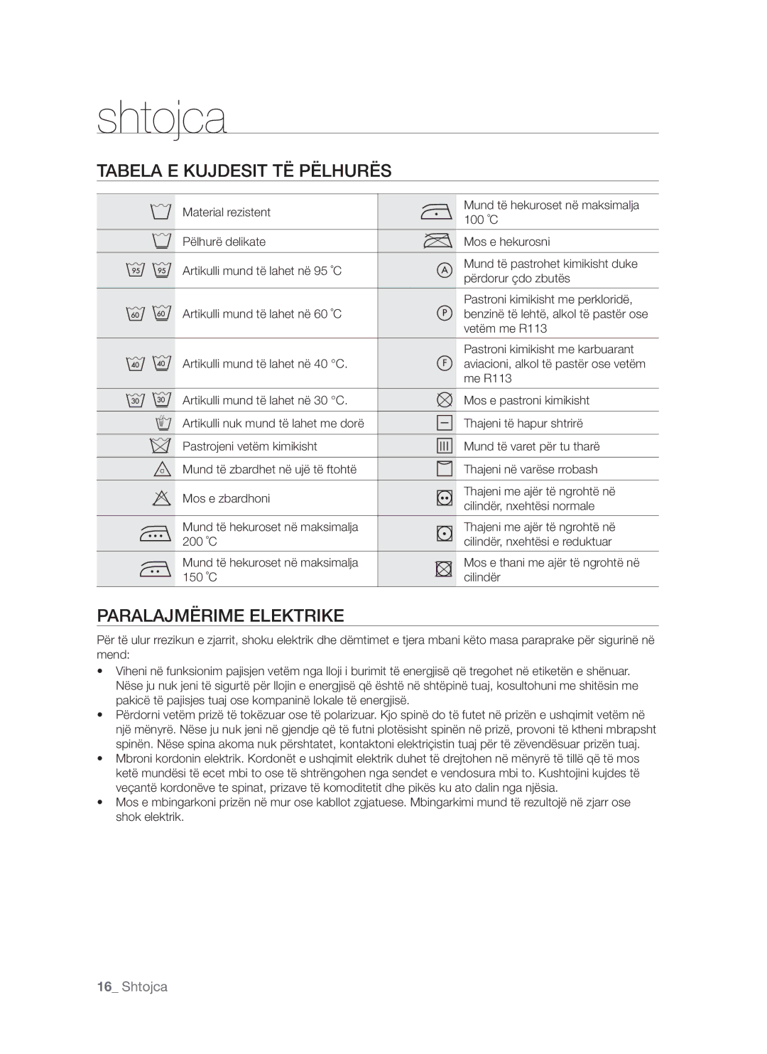 Samsung WF-S861GW/YLE, WF-S861/YLP, WF-S861/YLR manual Shtojca, Tabela E Kujdesit TË Pëlhurës, Paralajmërime Elektrike 