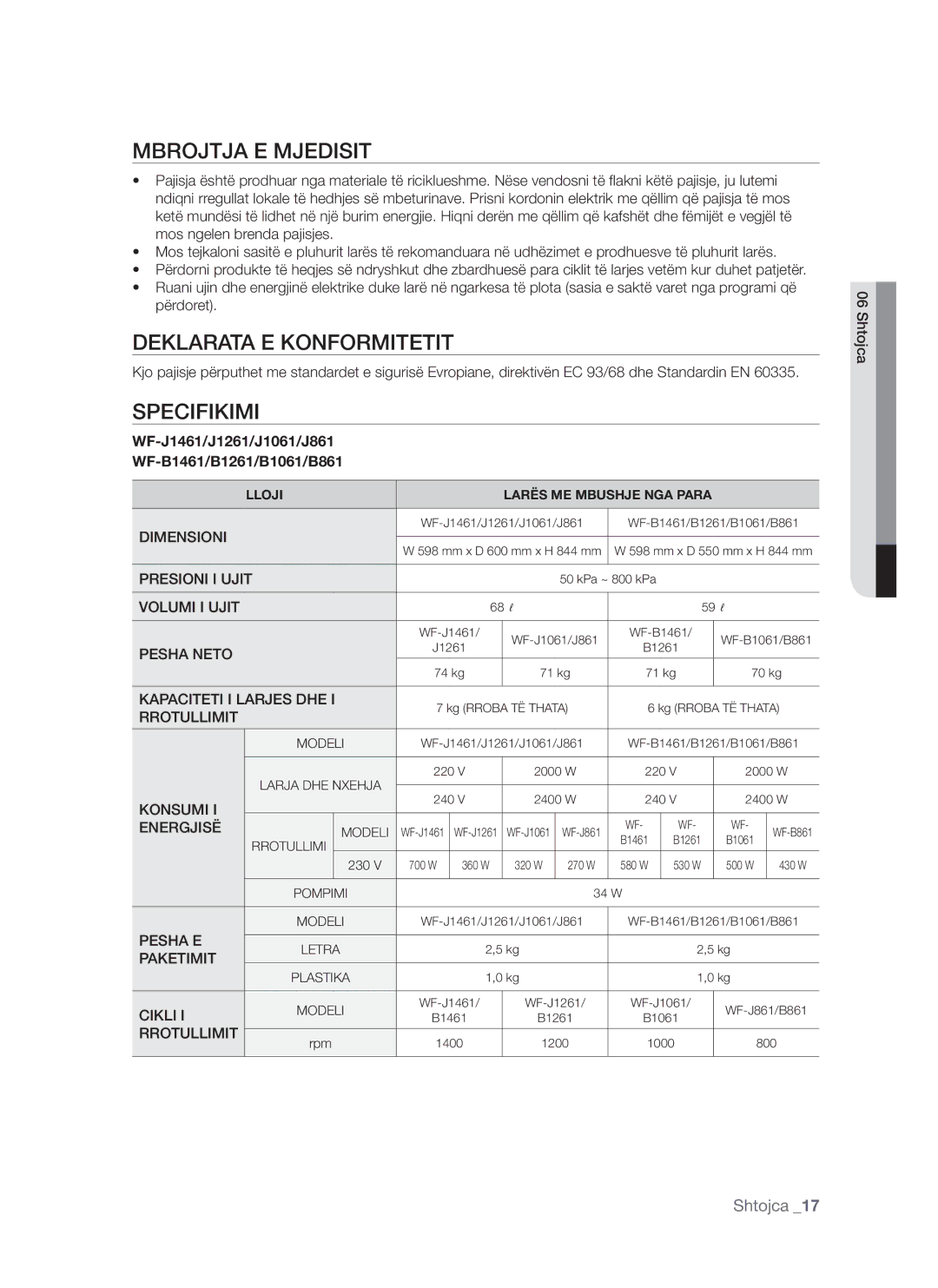 Samsung WF-S861/YLR, WF-S861/YLP, WF-S861GW/YLE manual Mbrojtja E Mjedisit, Deklarata E Konformitetit, Specifikimi, Shtojca 