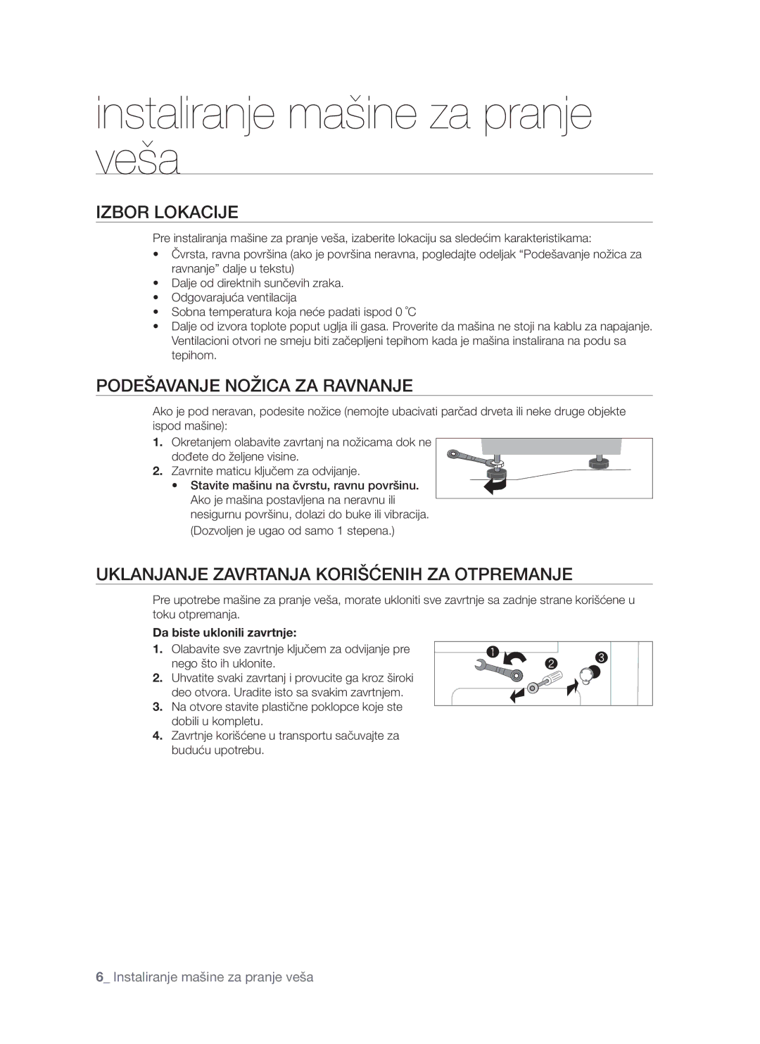 Samsung WF-S861/YLR, WF-S861/YLP manual Podešavanje Nožica ZA Ravnanje, Uklanjanje Zavrtanja Korišćenih ZA Otpremanje 