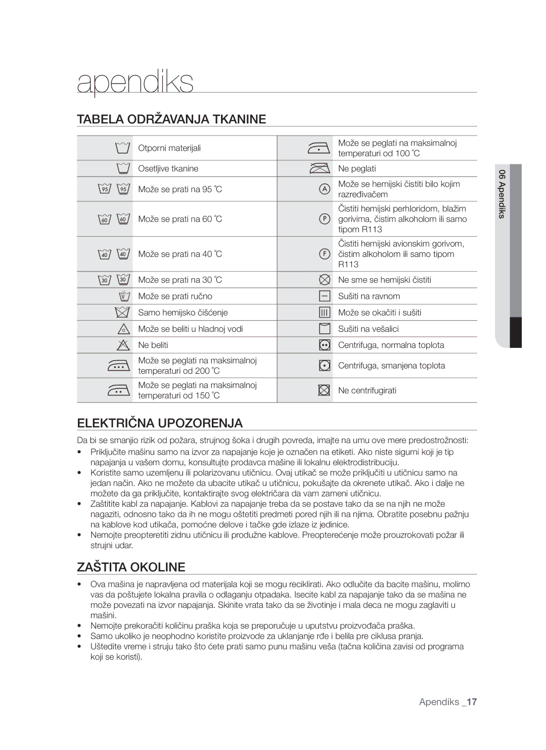 Samsung WF-S861GW/YLE Apendiks, Tabela Održavanja Tkanine, Zaštita Okoline, Tipom R113, Čistiti hemijski avionskim gorivom 