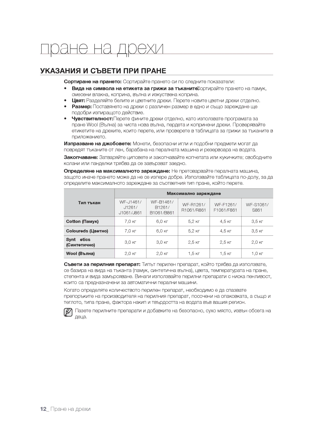 Samsung WF-S861/YLR, WF-S861/YLP, WF-S861GW/YLE manual Указания И Съвети ПРИ Пране, Максимално зареждане Тип тъкан 