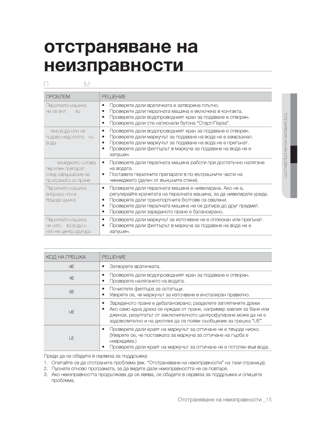 Samsung WF-S861/YLR manual Проблеми И Решения, Разбиране НА Съобщенията ЗА Грешка, Проблем Решение, КОД НА Грешка Решение 