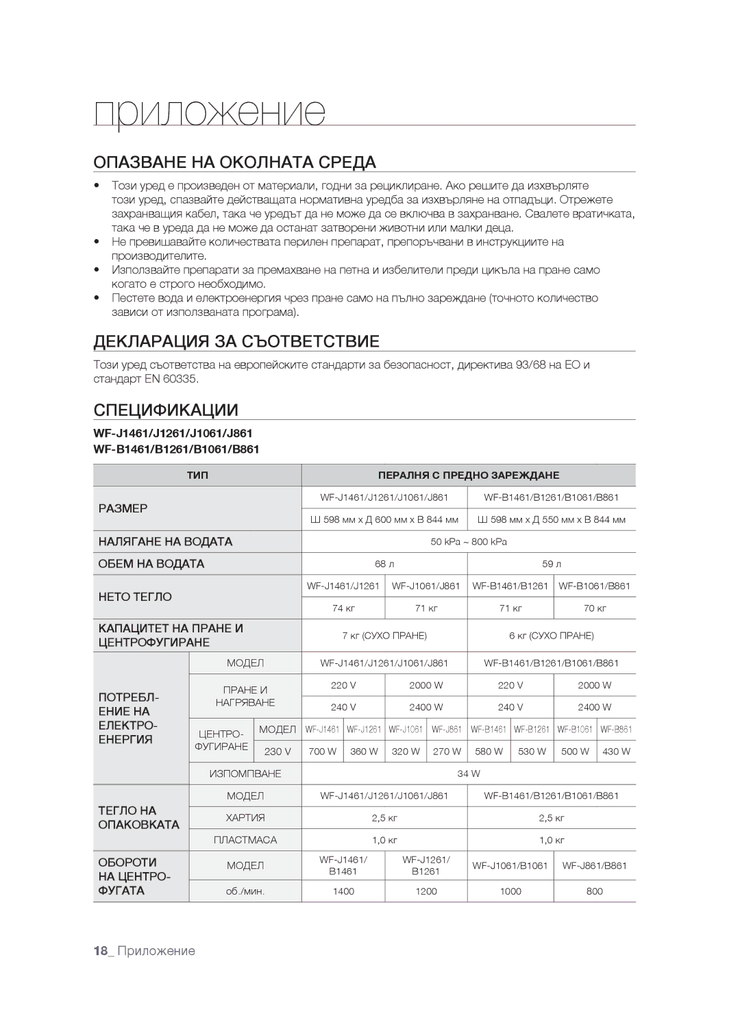 Samsung WF-S861/YLR, WF-S861/YLP, WF-S861GW/YLE manual Опазване НА Околната Среда, Декларация ЗА Съответствие, Спецификации 