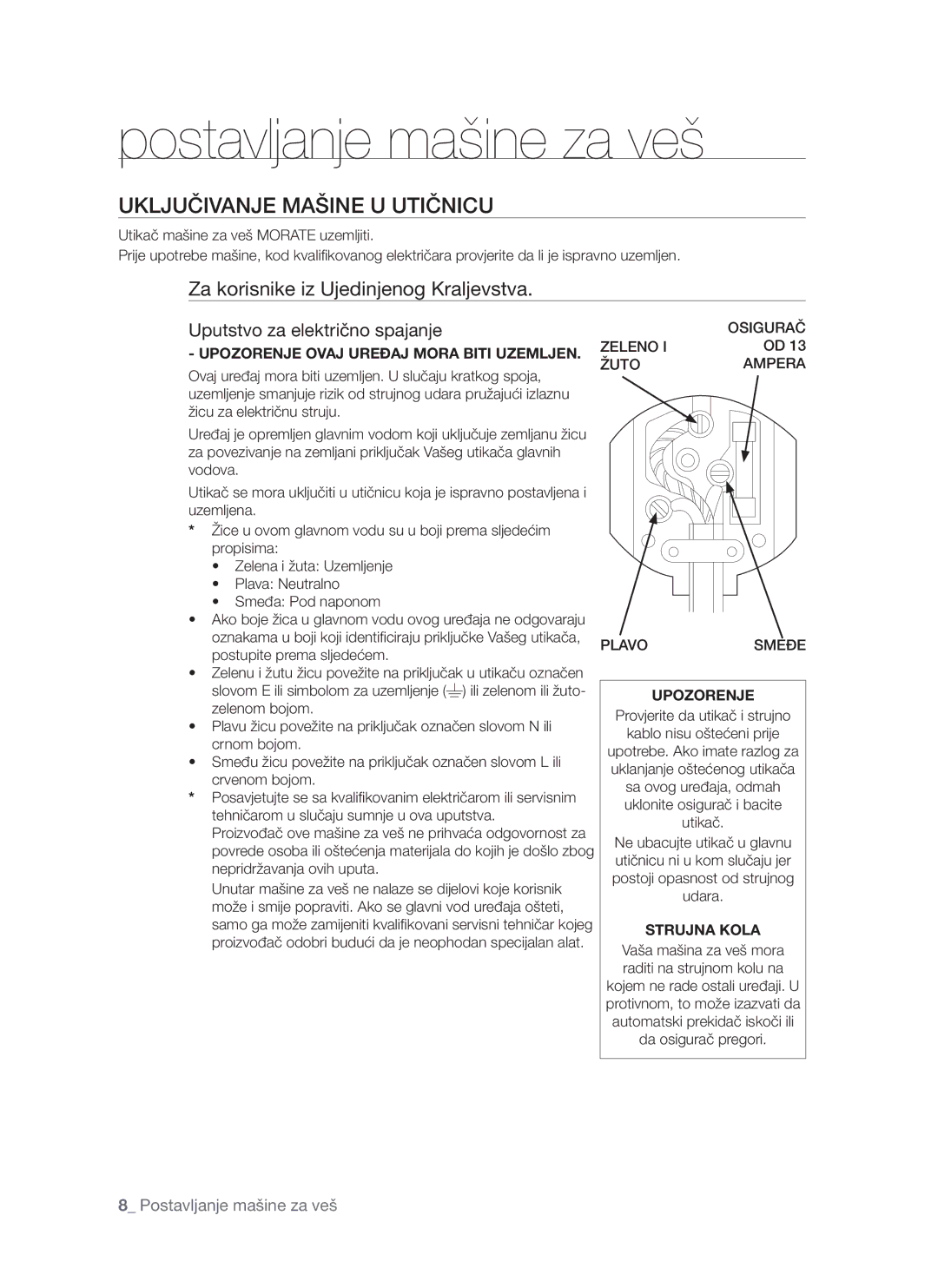 Samsung WF-S861/YLP, WF-S861GW/YLE, WF-S861/YLR Uključivanje Mašine U Utičnicu, Za korisnike iz Ujedinjenog Kraljevstva 