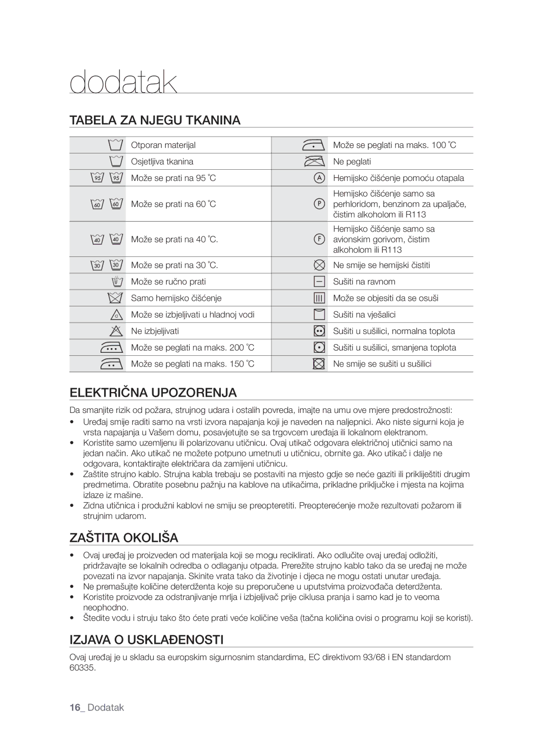 Samsung WF-S861/YLR manual Dodatak, Tabela ZA Njegu Tkanina, Električna Upozorenja, Zaštita Okoliša, Izjava O Usklađenosti 