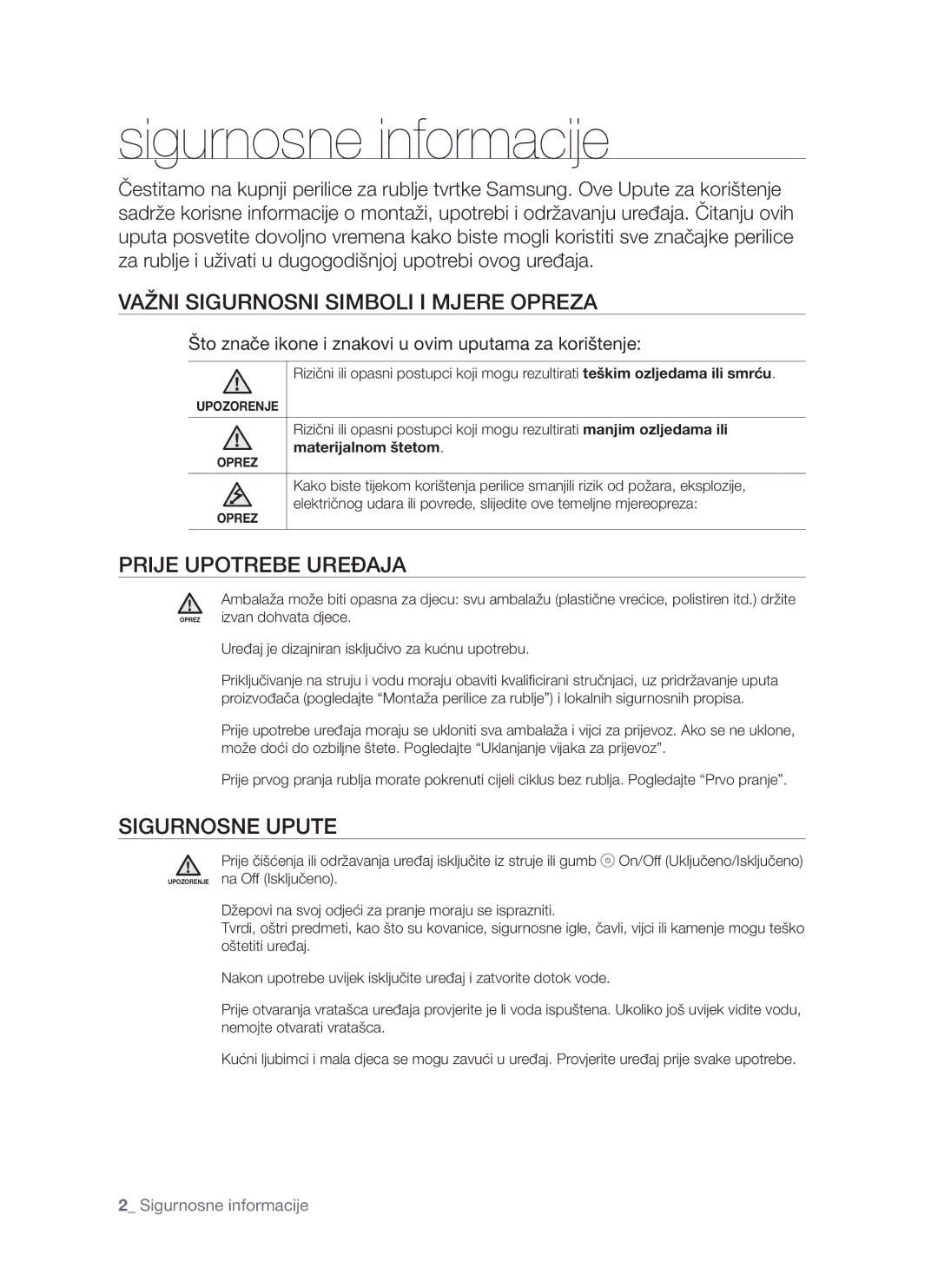 Samsung WF-S861/YLR, WF-S861/YLP, WF-S861GW/YLE manual Važni Sigurnosni Simboli I Mjere Opreza, Sigurnosne Upute 