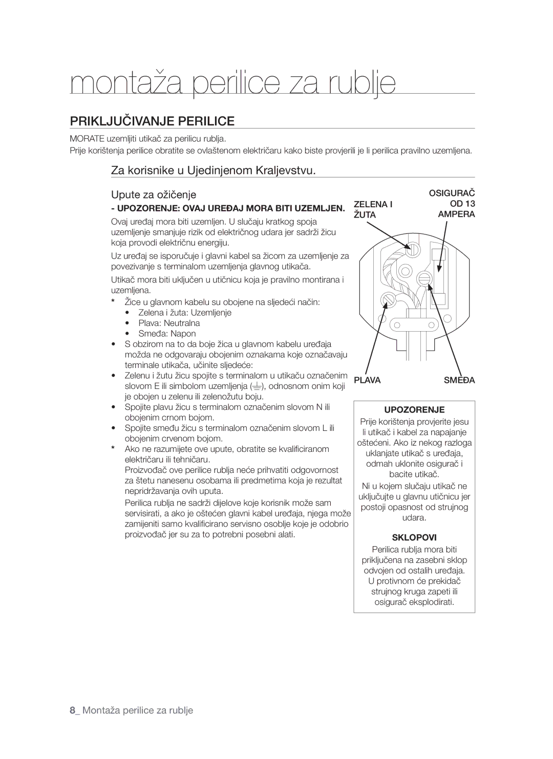 Samsung WF-S861/YLR manual Priključivanje Perilice, Za korisnike u Ujedinjenom Kraljevstvu, Upute za ožičenje, Sklopovi 