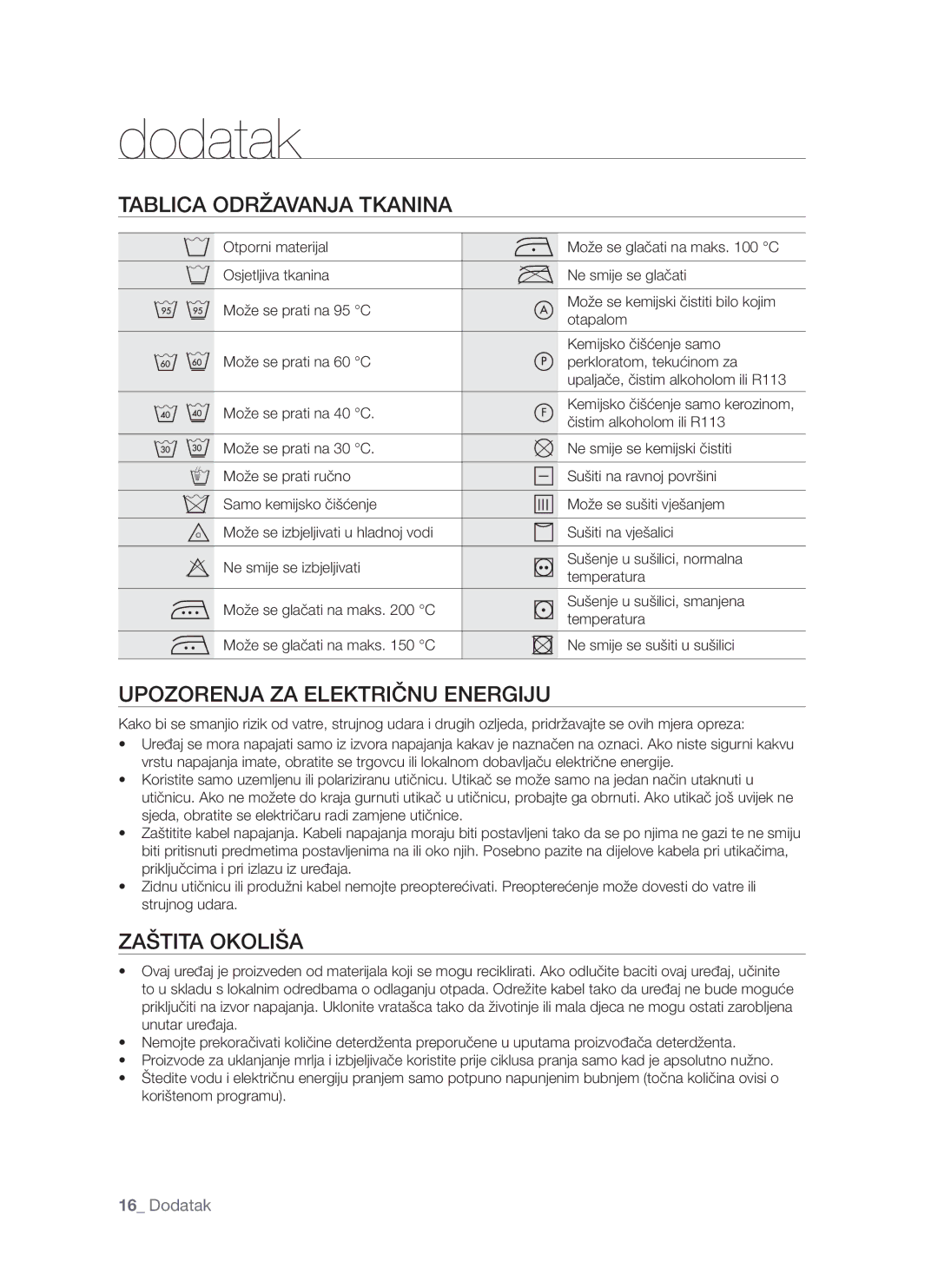 Samsung WF-S861GW/YLE, WF-S861/YLP, WF-S861/YLR manual Tablica Održavanja Tkanina, Upozorenja ZA Električnu Energiju 